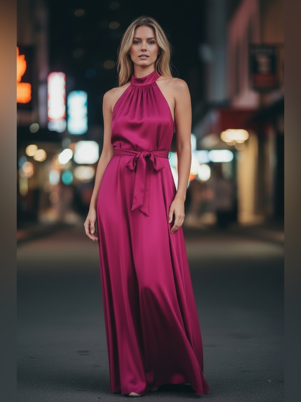 French Connection Acapella Drape Halter-Neck Maxi Dress with Tie Waist in Berry
